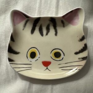 Cat Face Trinket Dish / Tea Bag Holder 9‎ x 8 x 1.5cms Black/ White Tabby New